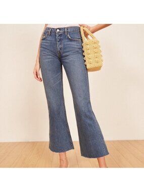 Reformation Women's Mid Rise Crop Flare Jeans Button Fly in Baltic Wash
